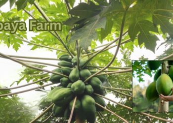 Papaya farm में लगे हरे पपीते के पौधे और देसी पपीता खेती करते किसान