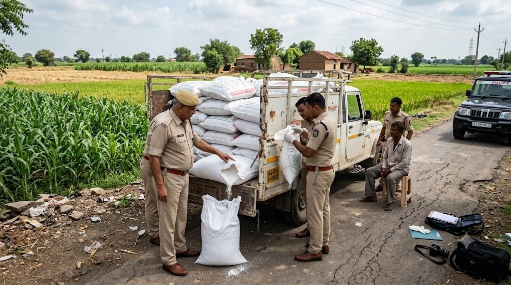 गुजरात में अहमदाबाद ग्रामीण SOG द्वारा पकड़ी गई अवैध यूरिया की खेप