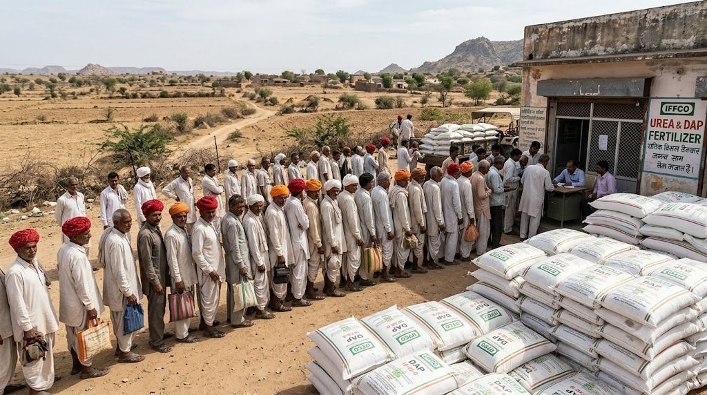 राजस्थान में यूरिया और DAP खाद के लिए किसानों की लंबी कतार
