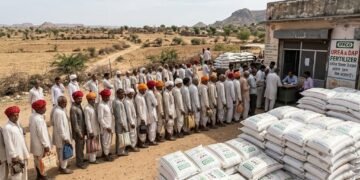 राजस्थान में यूरिया और DAP खाद के लिए किसानों की लंबी कतार