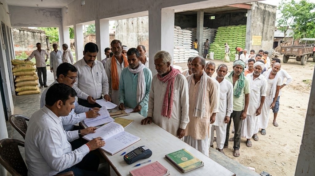 अमेठी के इफको केंद्र पर खाद वितरण व्यवस्था की जांच करते अधिकारी