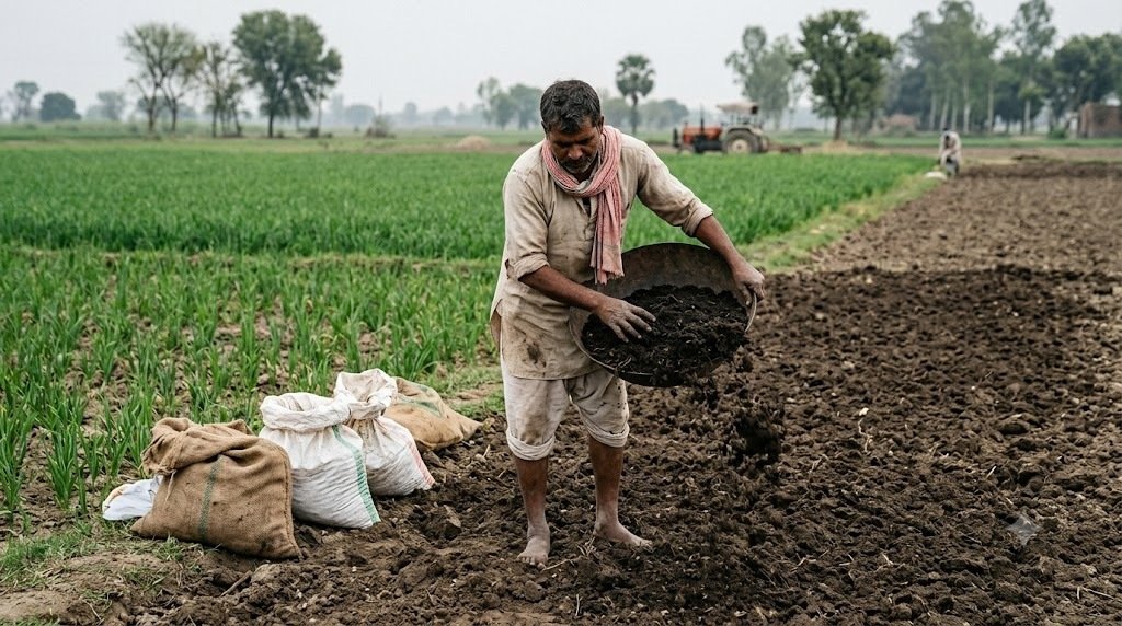 खेत में गोबर की खाद और रासायनिक खाद का इस्तेमाल करता किसान