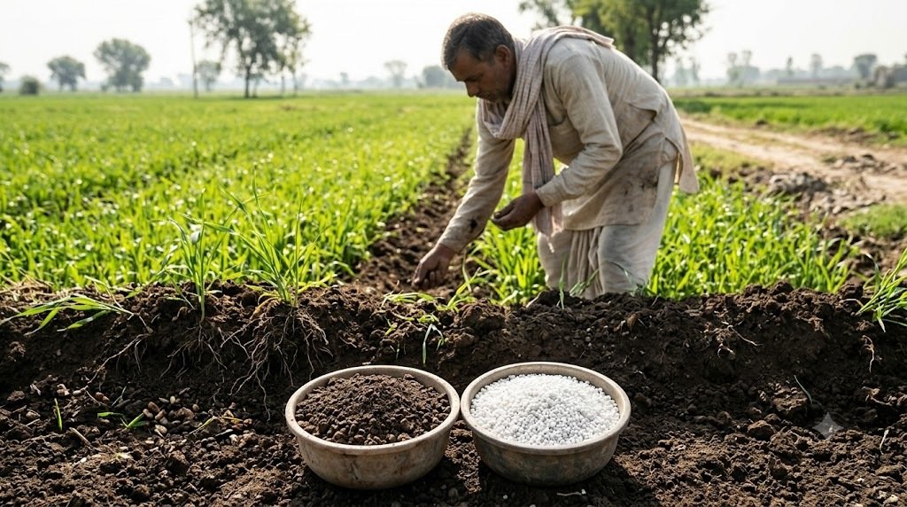 खेत में जैव उर्वरक और रासायनिक खाद का उपयोग करते किसान