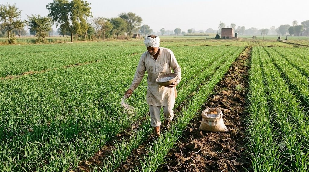 गेहूं की फसल में सही समय पर उर्वरक डालता किसान