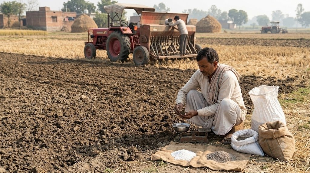 धान की कटाई के बाद गेहूं की बुवाई से पहले खेत में खाद डालता किसान