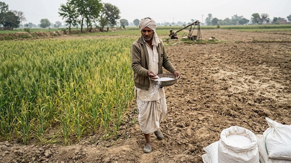 यूरिया की ज्यादा खपत से मिट्टी की सेहत पर असर और खेत में खाद डालता किसान