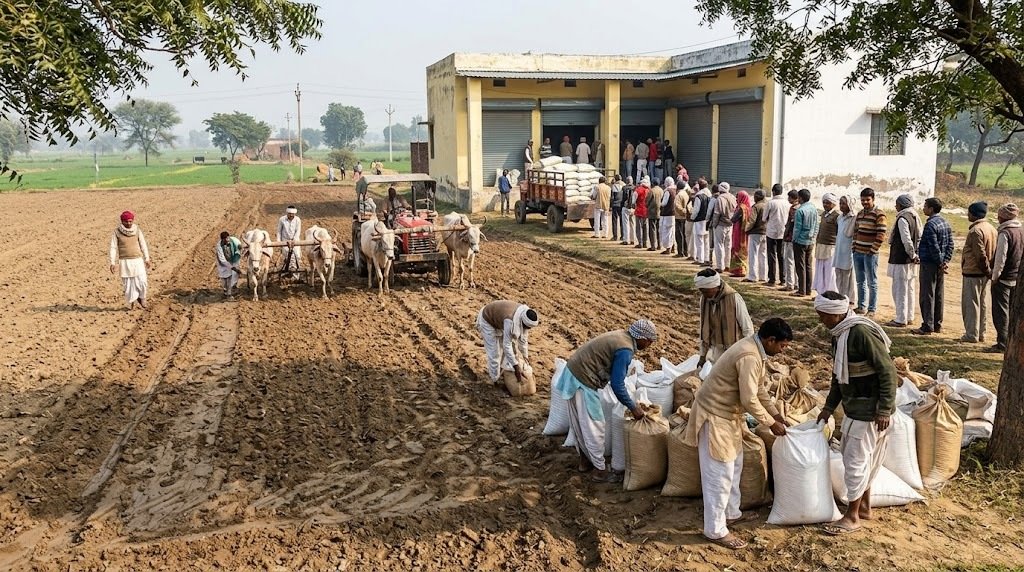 रबी सीजन में 1.70 करोड़ टन खाद स्टॉक के बावजूद खाद की चिंता करते किसान