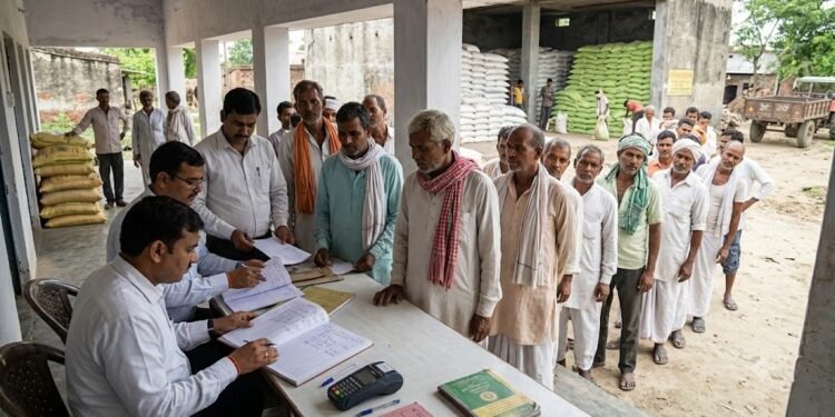 अमेठी के इफको केंद्र पर खाद वितरण व्यवस्था की जांच करते अधिकारी