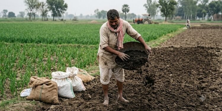 खेत में गोबर की खाद और रासायनिक खाद का इस्तेमाल करता किसान