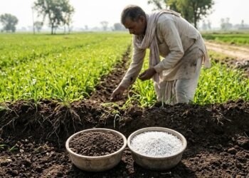 खेत में जैव उर्वरक और रासायनिक खाद का उपयोग करते किसान