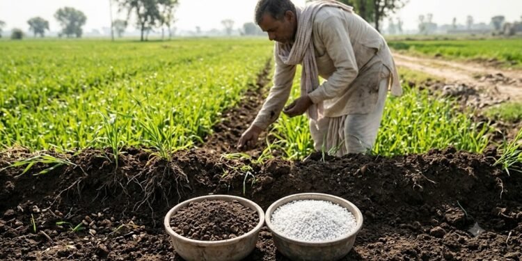 खेत में जैव उर्वरक और रासायनिक खाद का उपयोग करते किसान
