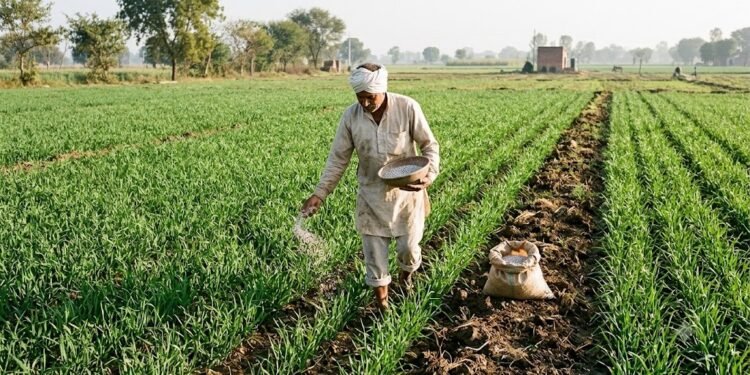 गेहूं की फसल में सही समय पर उर्वरक डालता किसान