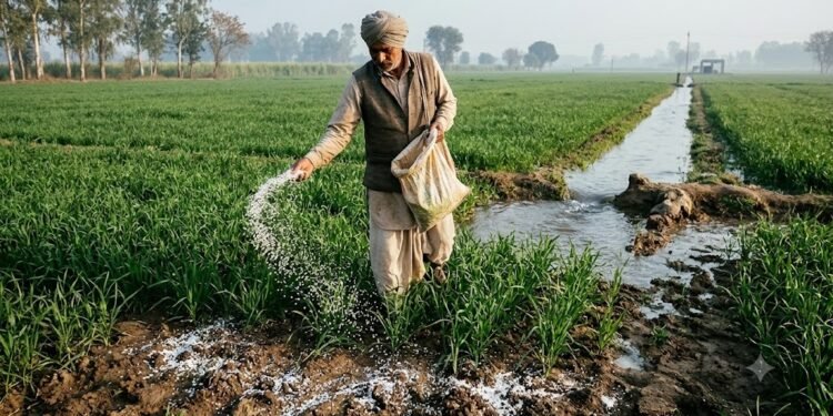गेहूं की फसल में सिंचाई से पहले यूरिया खाद डालता किसान