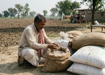 गेहूं की बुवाई से पहले डीएपी और यूरिया खाद की बोरियां देखते किसान