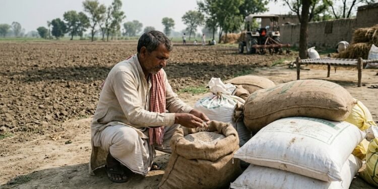 गेहूं की बुवाई से पहले डीएपी और यूरिया खाद की बोरियां देखते किसान