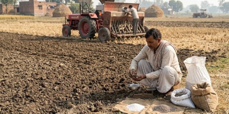 धान की कटाई के बाद गेहूं की बुवाई से पहले खेत में खाद डालता किसान